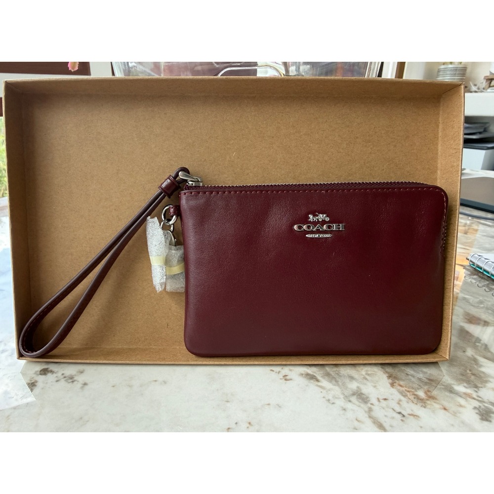 Coach Corner Zip Wristlet Dark Wine Leather Rainbow Charm CCK94